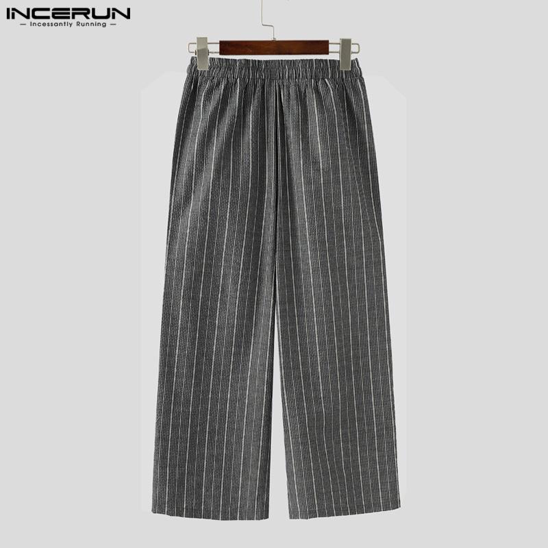INCERUN Men Drawstring Casual Loose Elastic Waist Striped Wide Legs Pants Long Trousers