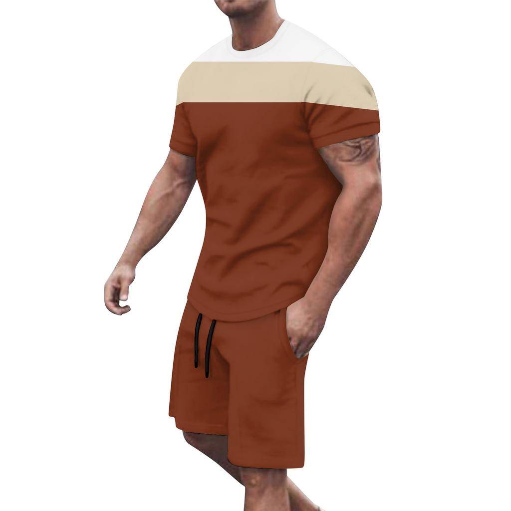 Men's Solid Color Shoulder Short Sleeved Shorts Breathable Men's Casual 2-piece Set