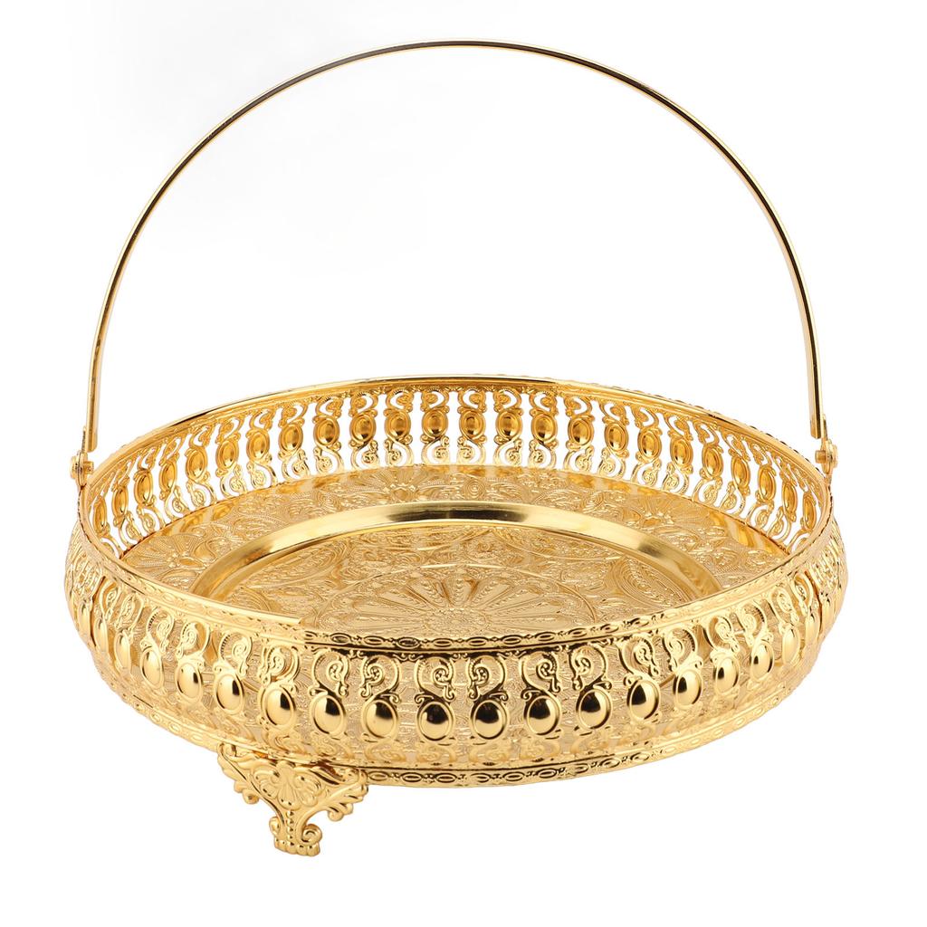 Retro Round Fruit Tray Exquisite Decorative Large Capacity Alloy Dessert Plate with Handle for