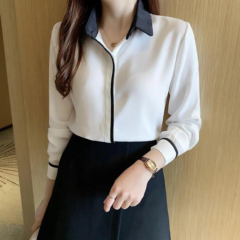 Women Spring Summer Style OL Blouses Shirts Lady Office Work Wear Long Sleeve Turn-down Collar Patchwork Blouses Tops