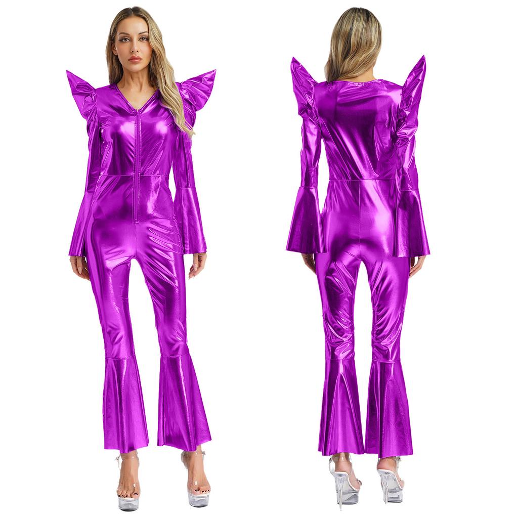 S-3XL Women‘s Disco Jumpsuit Halloween Costume: Shiny Metallic Long Sleeve High Waist Romper with Bell Bottoms & Front Zip