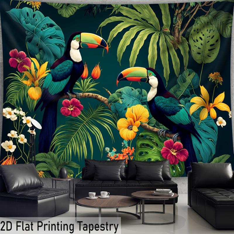 Tropical Parrot Tapestry, Jungle Plant Wall Hanging Vibrant Landscape Wall Decor for Living Room Bedroom