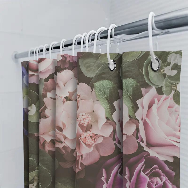 Floral Print Shower Curtain, Pink Purple Roses Hydrangeas Garden Decor Bathroom Liner Waterproof Polyester Fabric Home Decoratio