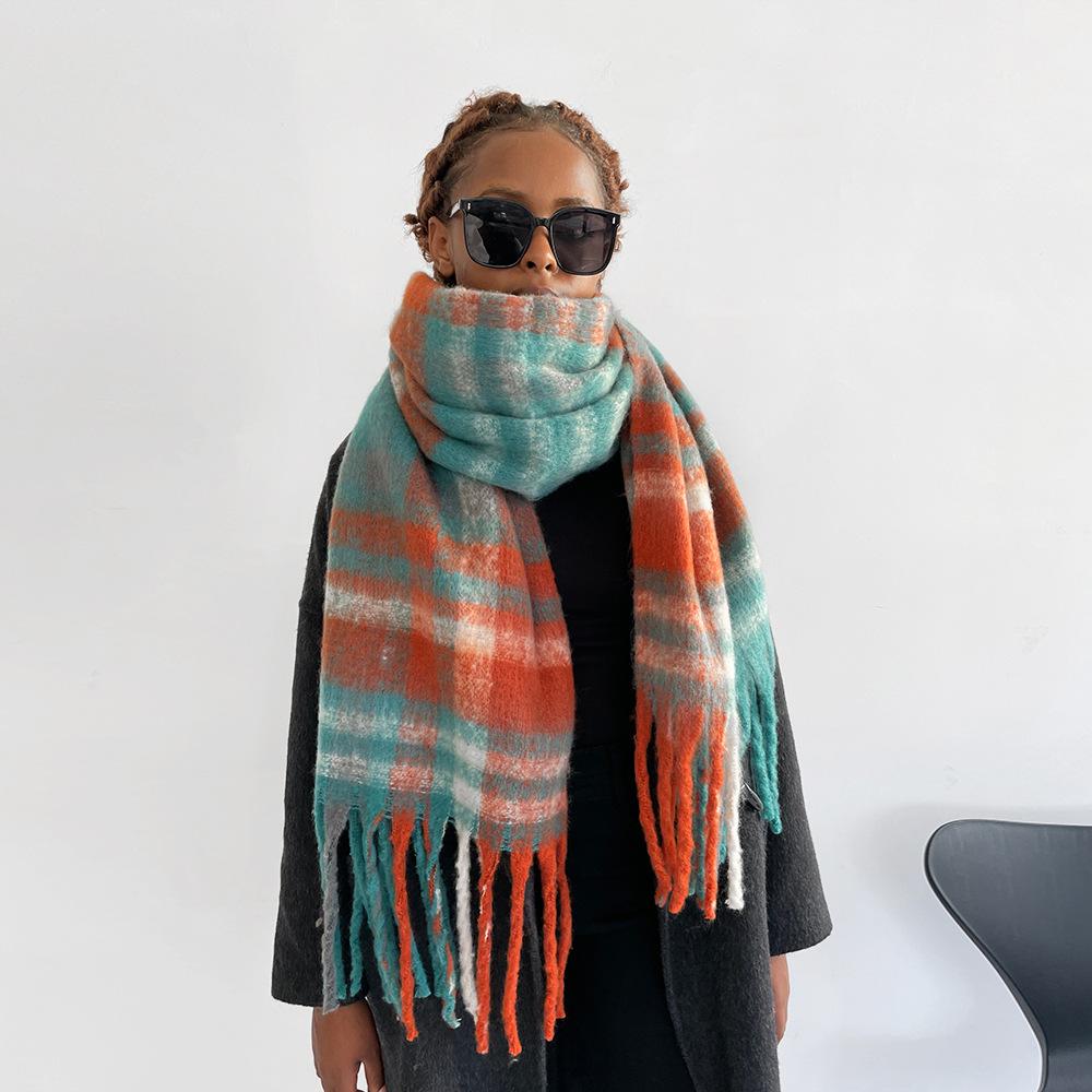 Classic Striped Plaid Seahorse Hair Scarf Women's Winter Warm Advanced Sense Rubbing Beard Long Fringed Scarf