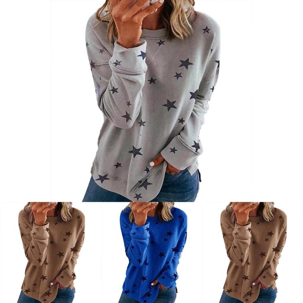 Women Casual Tunic Crew Neck Long Sleeve Star Print Tee Top Blouse For Daily Comfort And Style