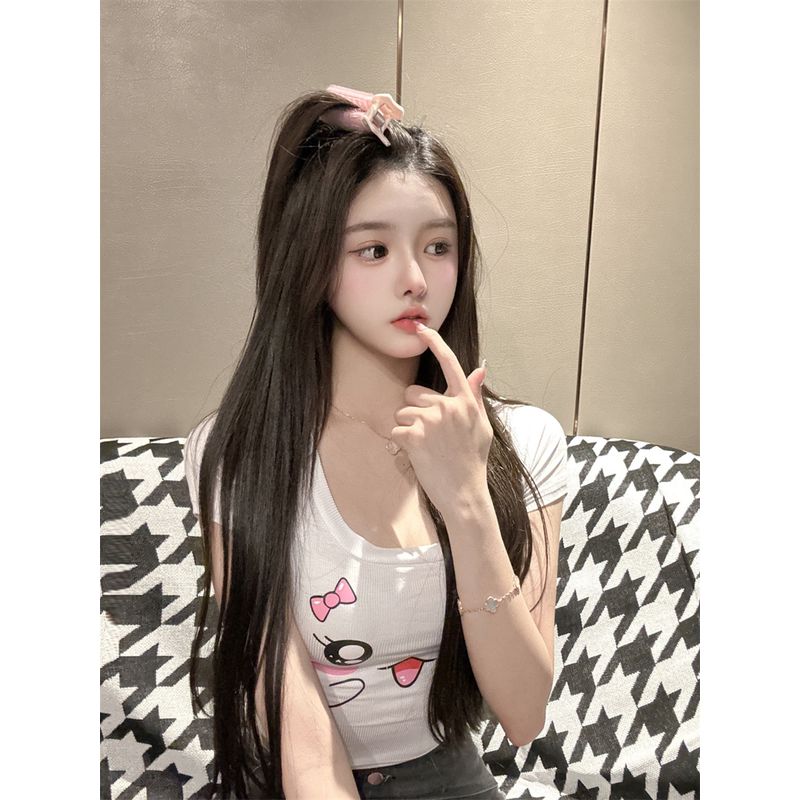 

Весна и Лето Новое Поступление Чистое Желание Короткий Мультяшный Милый Приталенный С Высокой Посадкой Принт Белый С Коротким Рукавом Базовая Футболка Топы Женщины White S