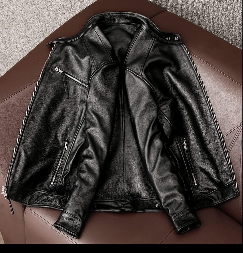 CHEJI Genuine Leather Military Biker and for and Denim Jacket Jacket, Men's Double-Breasted Jacket, Short, Simple, Cold-Weight Windproof, Thick,
