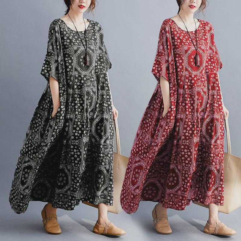 Retro Floral Loose-Fit Midi Dress for Plus Size Women - Spring & Autumn