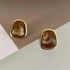 Vintage Coffee Color Square Resin Stud Earrings For Women Girls Fashion Metal Irregular Geometric Earrings Zircon 2023 Trendy