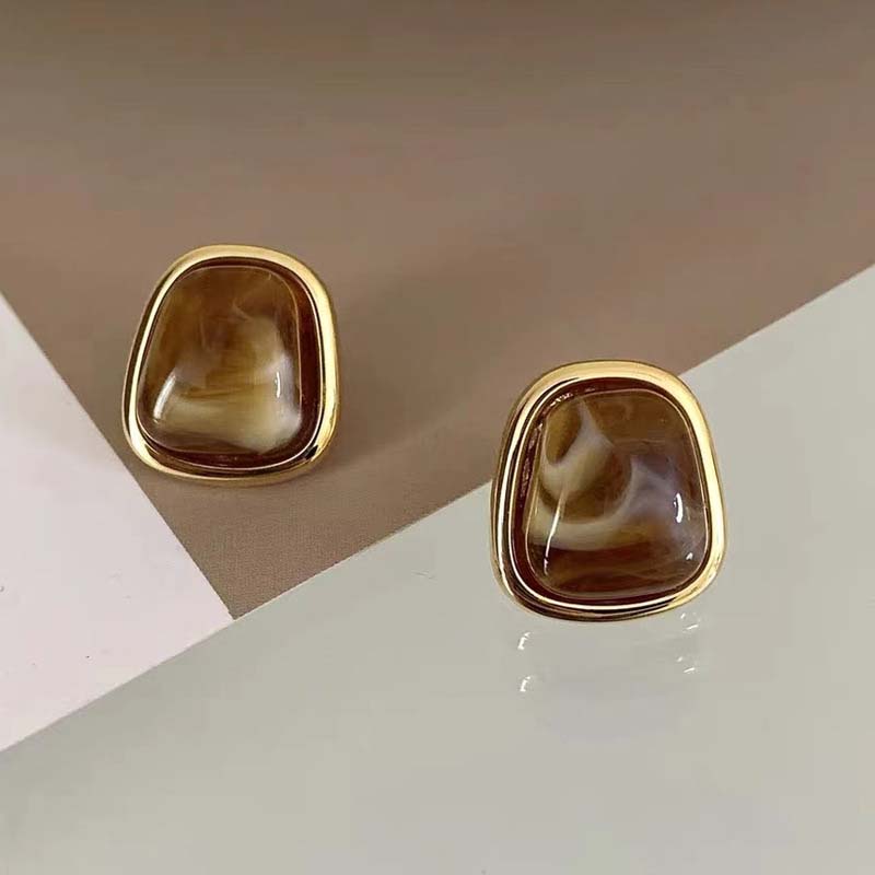 Vintage Coffee Color Square Resin Stud Earrings For Women Girls Fashion Metal Irregular Geometric Earrings Zircon 2023 Trendy