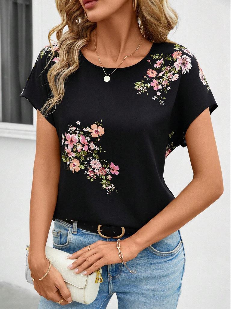 Summer Round Neck 3D Print Flower Pattern Top Fashionable Casual Short Sleeved Women's T-shirts