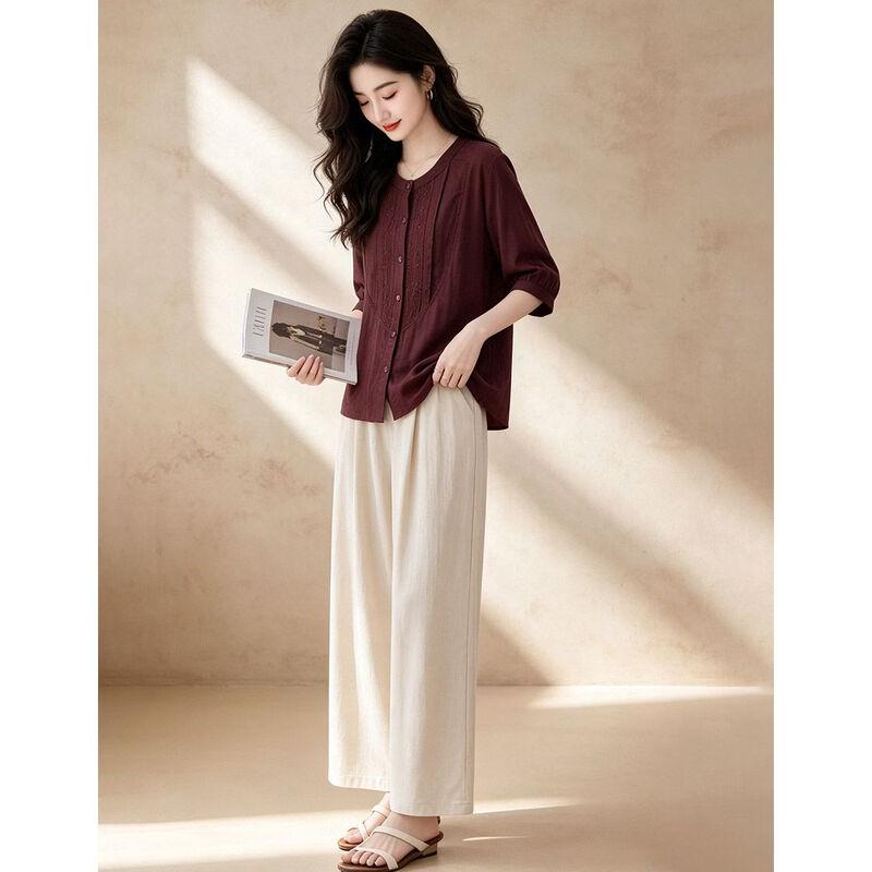 D.F.DEAR Women's Retro Mid-Sleeve Shirt & Wide-Leg Pants Set