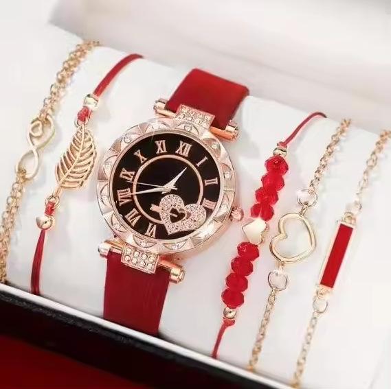New Women'S Diamond Dial Belt Quartz Watch Beaded Bracelet 6-Piece Set Popular Women