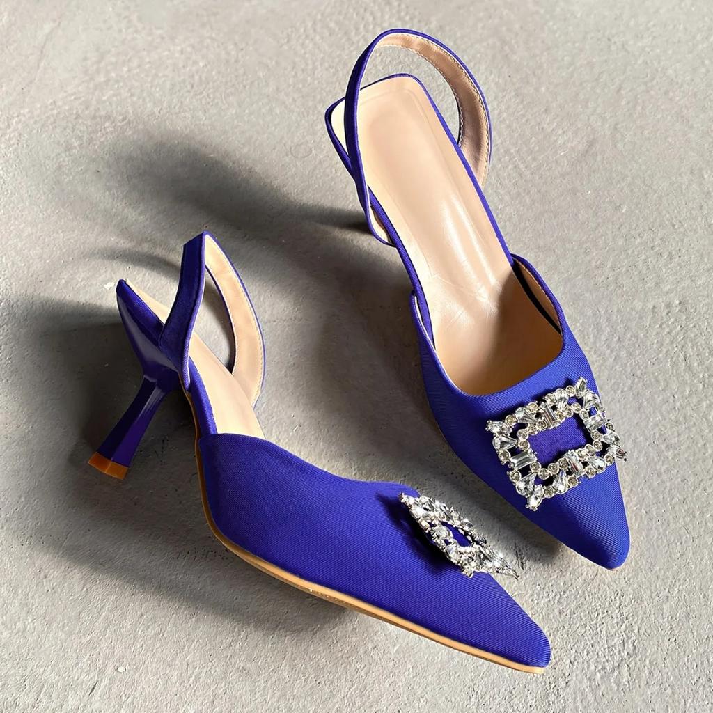 Fashion Crystal Shallow Women Shoes Pointed Toe Mid Heels Elegant Sandals Trend Fashion Pumps Slingback Dress Spring Zapatos Mujer