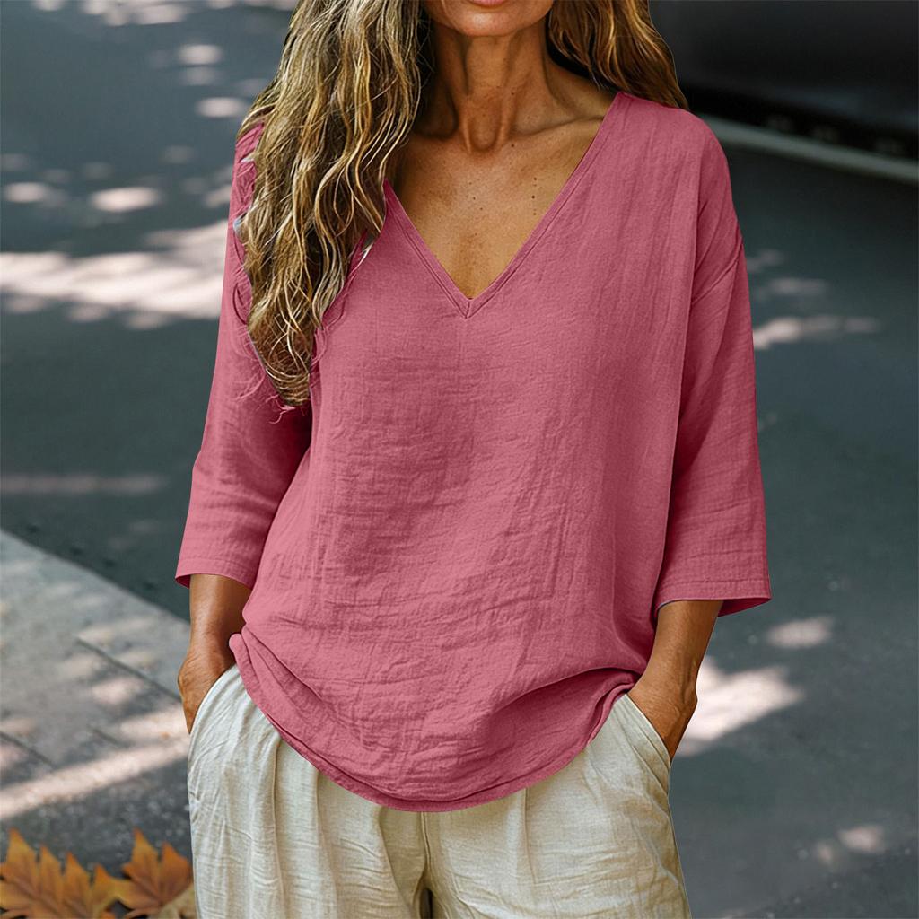 Women's Loose-Fit Fashionable Cotton-Linen -Color V-Neck Casual Top