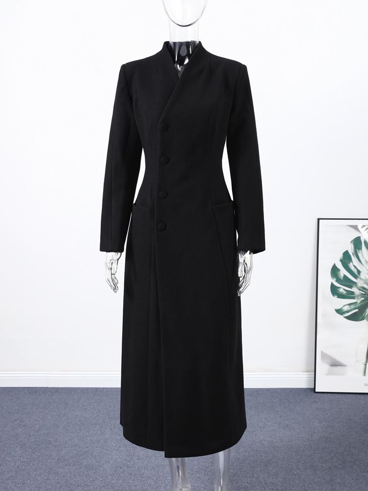 Damen Einreihiger Taillenbetonter Schultergepolsterter Mantel Damen Langer Modischer Warmer Mantel Schwarz 2025 Neue Kollektion