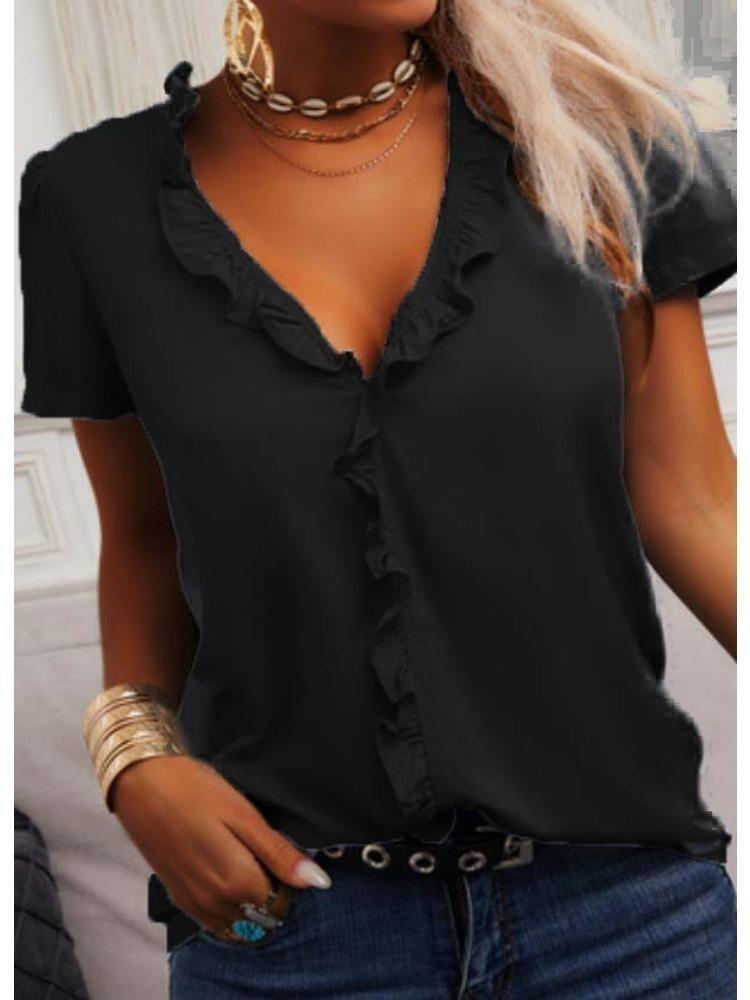 Spring Shirt Summer Short Sleeve Ruffled Top Women Solid Color