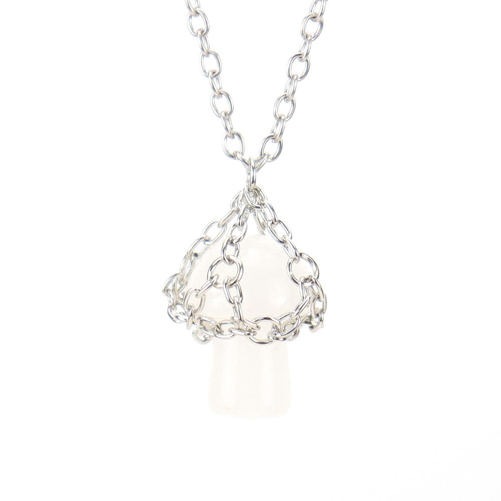 Handmade Silver Mesh Pocket Crystal Tiger Stone Agate Small Mushroom Pendant Necklace Jewelry N697
