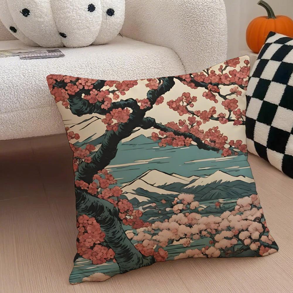 Cuscino Fiore di Ciliegio Ukiyo-E Federa per Cuscino Stile Giapponese Copricuscino per Divano Bottone Nascosto Poliestere Resistente Cuscino per Sedia