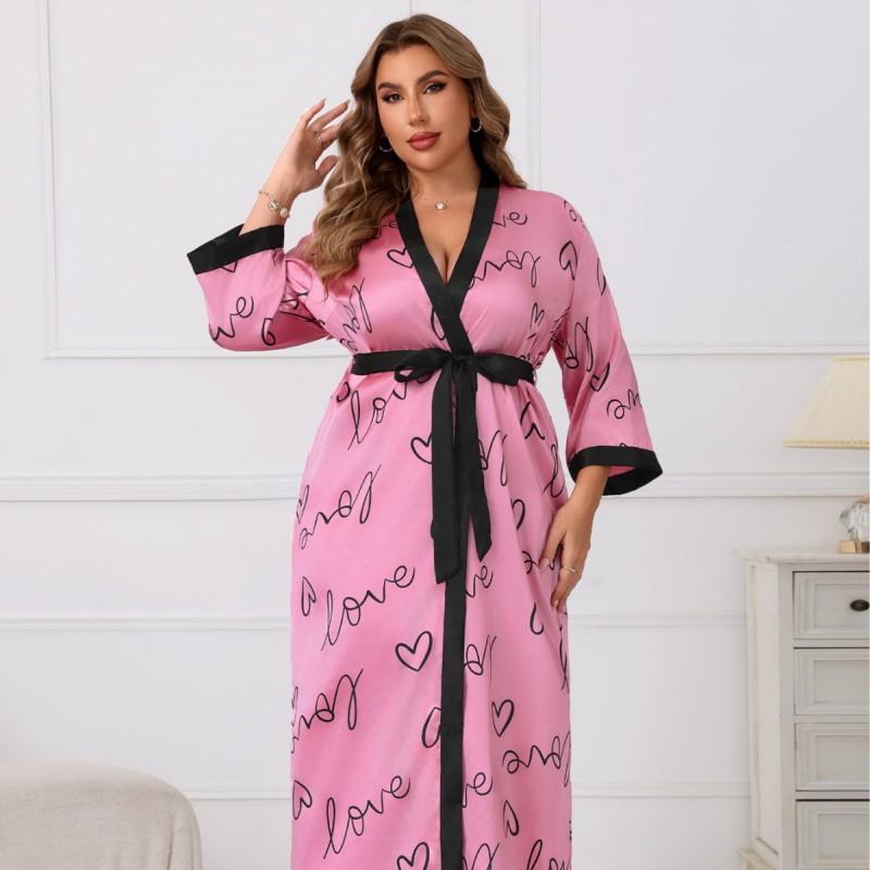 Plus Size Womens Satin Robe With Heart Love Print V-Neck Comfortable Lounge Wear Home Or Light Outings