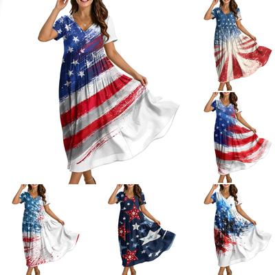 Damen Maxikleid Kurzarm V-Ausschnitt Lockerer Schnitt Künstlerischer Aufdruck Lässiges Langes Kleid Leichter Fließender Stoff Sommerkleidung