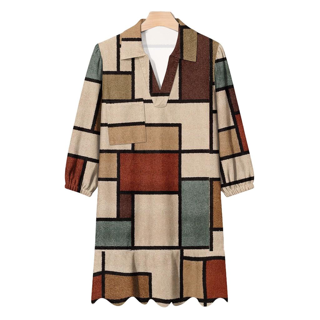 Women's fashionable and elegant long-sleeved V-neck pocket plaid print dress