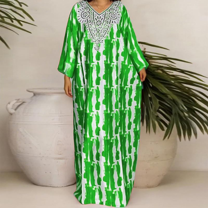 Oversized Women V Neck Long Sleeve Floral Print Casual Loose Maxi Kaftan Dress Robes
