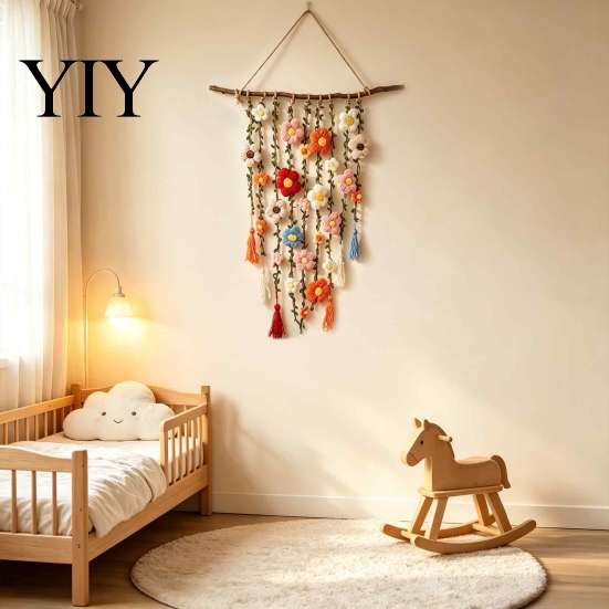 Crochet Flower Hanging Decor Bohemian Tapestry, Handmade Tassels Rustic Home Decoration with Wooden Stick, Living Room Bedroom Wall Art Soft Yarn