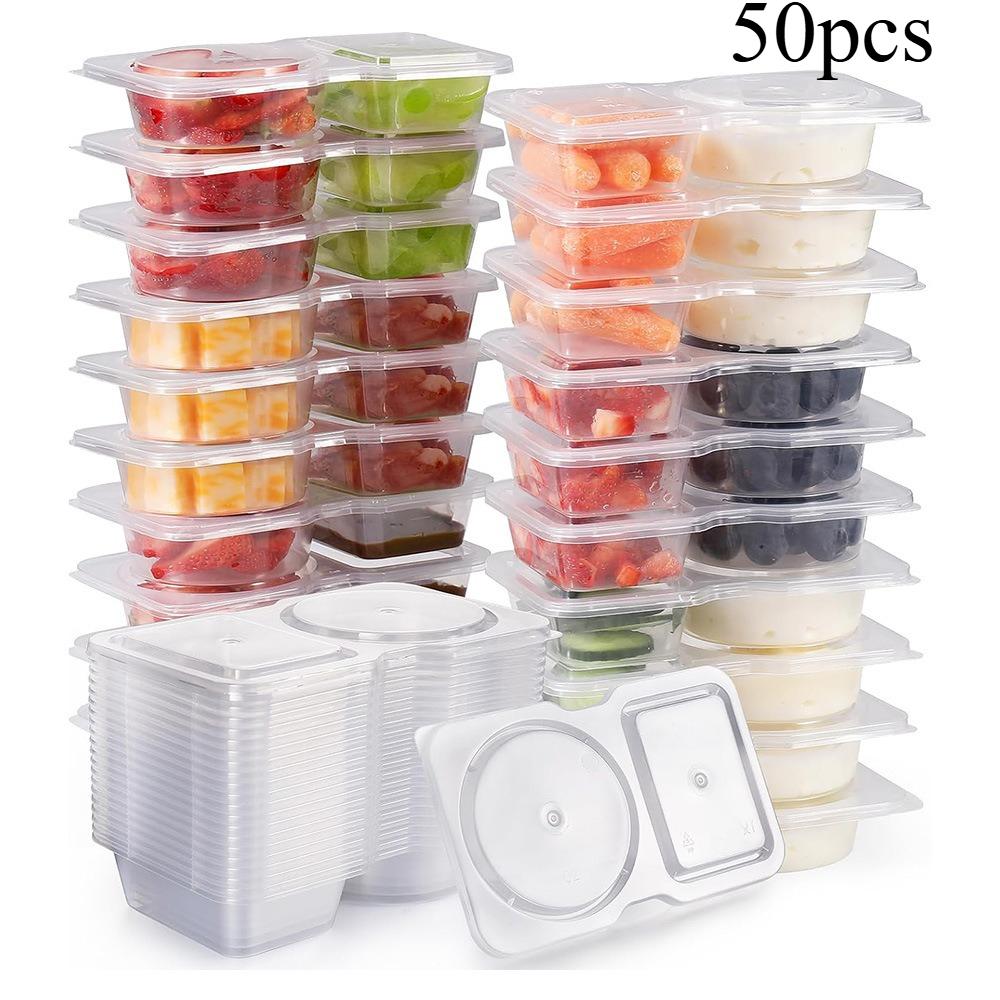 

50pcs Collapsible Double Compartment Food Containers - Portable Kitchen&Picnic Essentials, Mini Fruit Tray, Transparent Storage