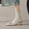 Fashion New Autumn Winter Women Boot Pu Leather Short Boots Fashion Pearl Square Toe Elastic Boots for Women High Heels Ladies Shoes