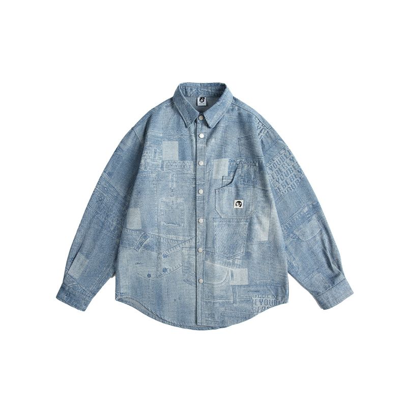 

Men s Retro Washed and Dyed Long-Sleeved Denim Shirt, Autumn Street Style, Loose, Cool, Casual, Versatile Shirt Jacket Cowboy Blue 2XL