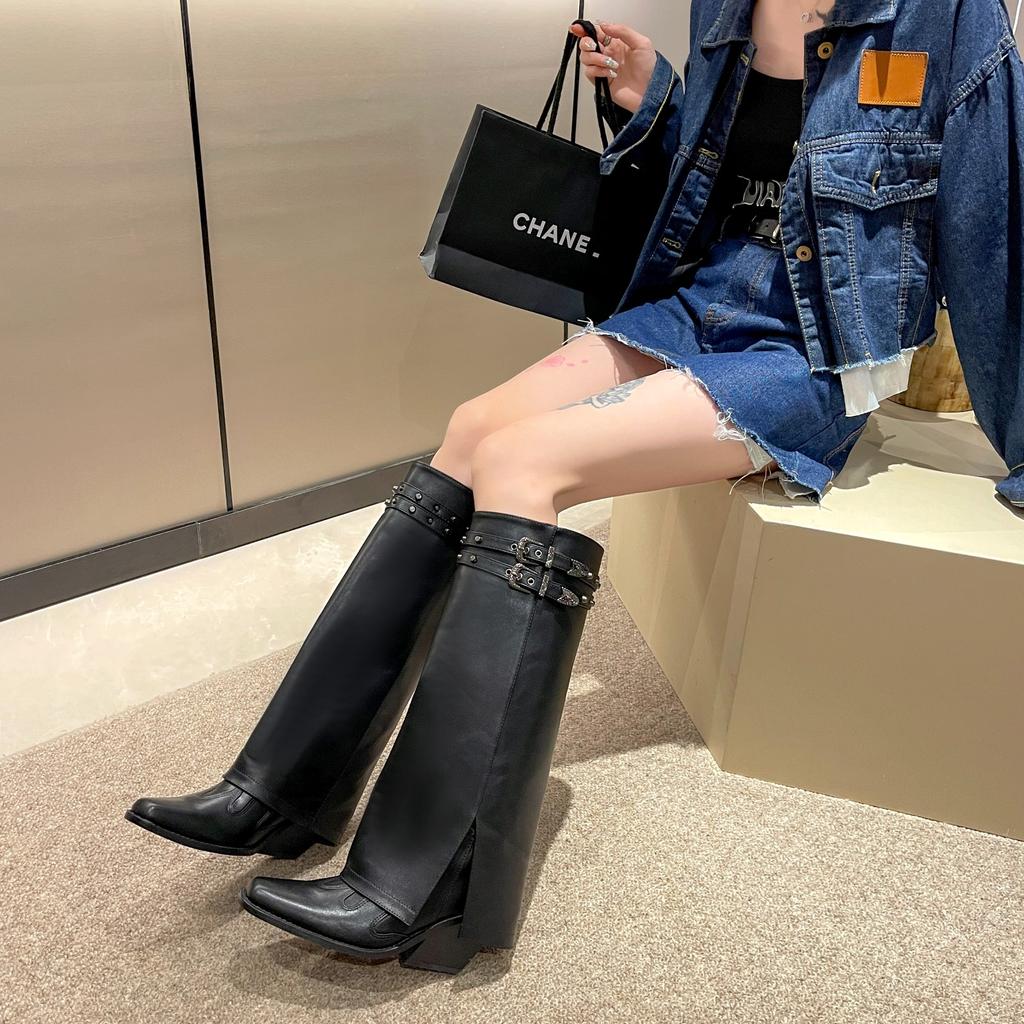 Fashion Autumn Cowboy Boots For Women Fashion Slip On Long Pipe Boots Female Square High Heel Trend Winter Footwear