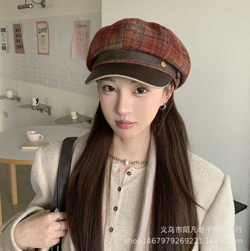 British Retro Literary and Artistic Plaid Newsboy Hat Women's Autumn and Winter Casual Versatile Octagonal Hat Fashion Show Face Small Painter Hat