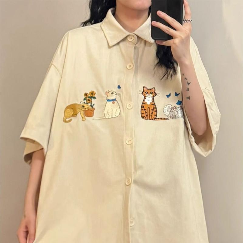 Niedliches Katze Besticktes Damen Freizeit Hemd Revers Kurzarm Einfarbig Locker Hemden Sommer Einreihig Schicke Oberteile
