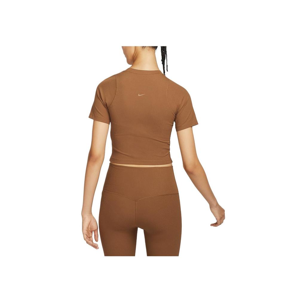 Nike Zenvy Soft Comfortable Sports Breathable Quick-Dry Ribbed Short Sleeve T-Shirt Women Tops Light-British-Brown White HF2773-281