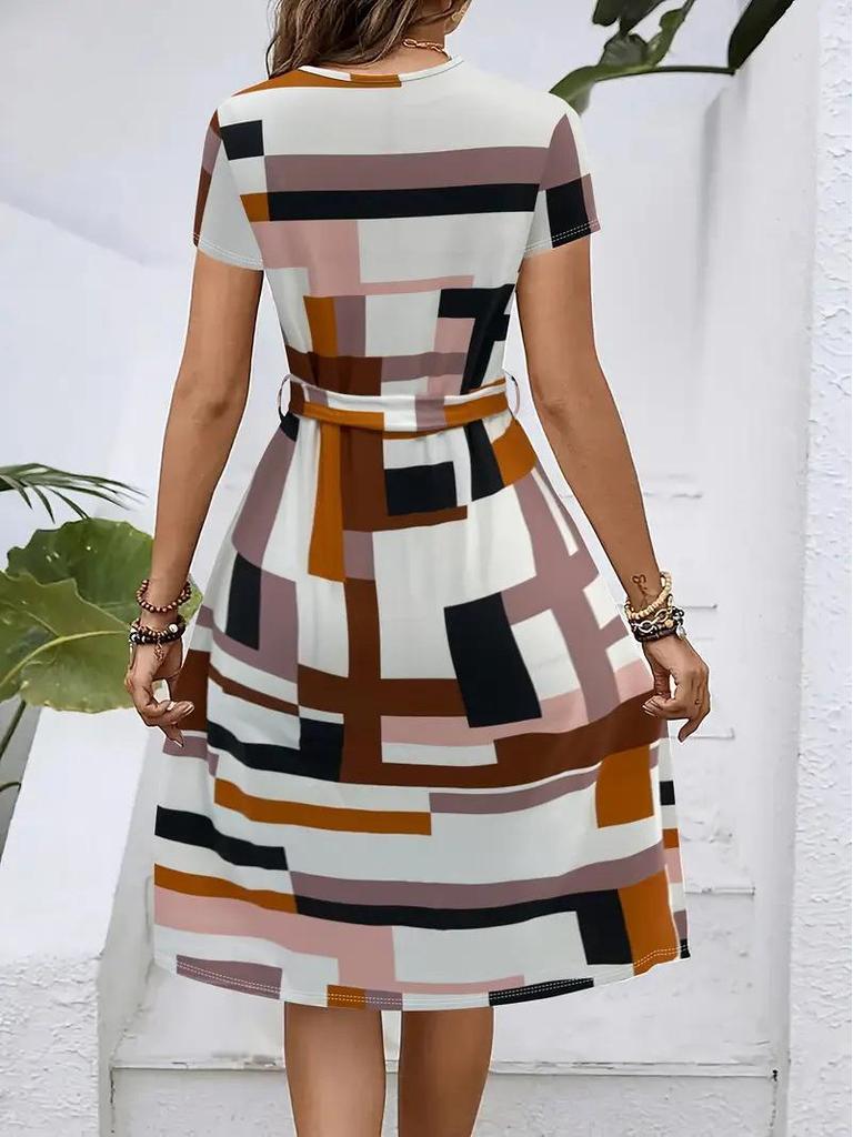 2026 Women's Casual Printed Belted Dress, European & American Summer Bestseller