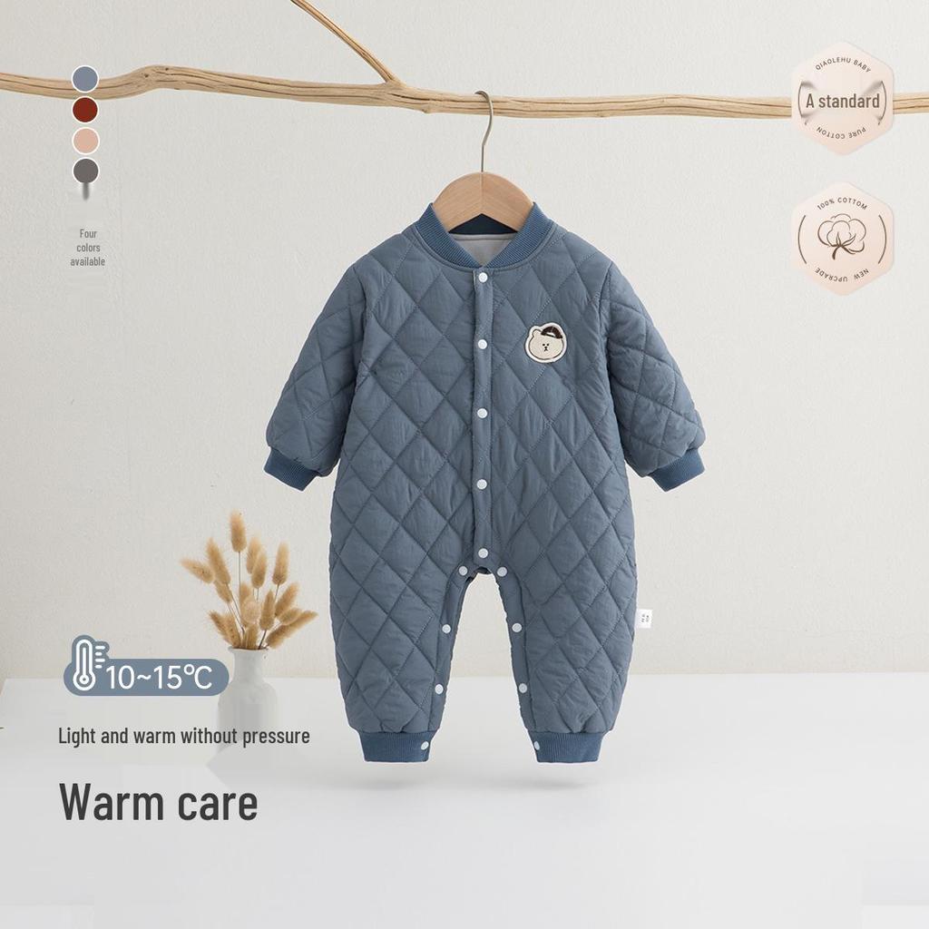 Quilted Cotton-Padded Snap-Front Baby Bodysuit for Boys & Girls - Warm Autumn/Winter Romper & Crawling Suit