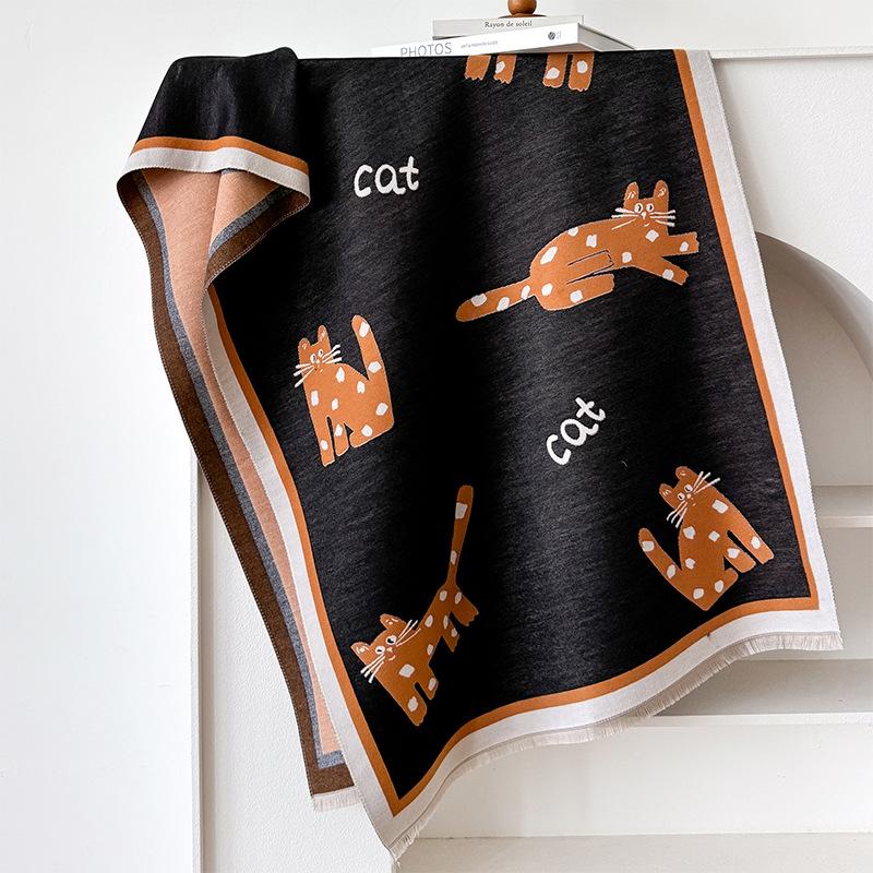 Winter Imitation Cashmere Scarf Women'S Double-Sided Cartoon Cat Shawl Warm Long Sweet And Cute Fringed Dual-Purpose Scarf