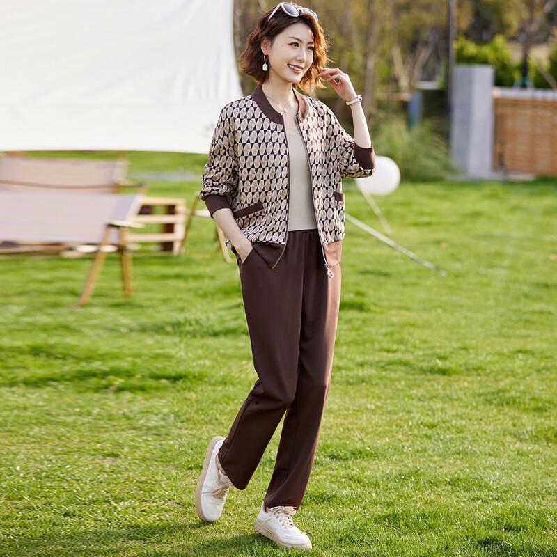 Women's Plus Size Casual Plaid Baseball Jacket & Pants Set