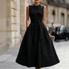 Women's Crew Neck Sleeveless Midi Dress Slim Fit Mid Waist Elegant Linen Blend Solid Color Button Front Tie Belt A-Line Dress