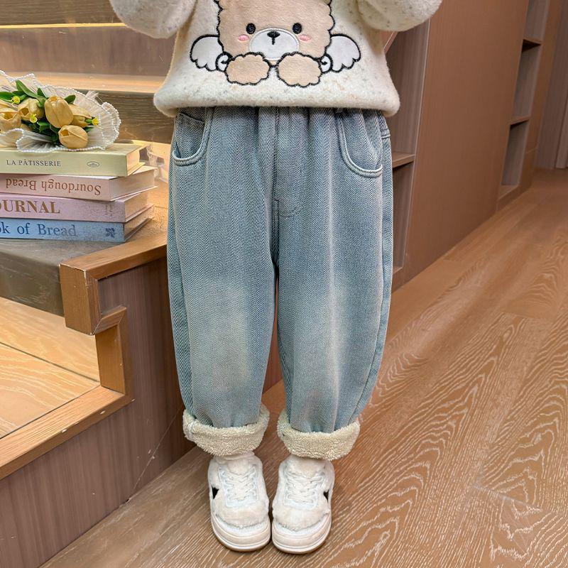 Girls' Winter Fleece-Lined Jeans: Alpaca Fleece One-Piece Warm Casual Pants