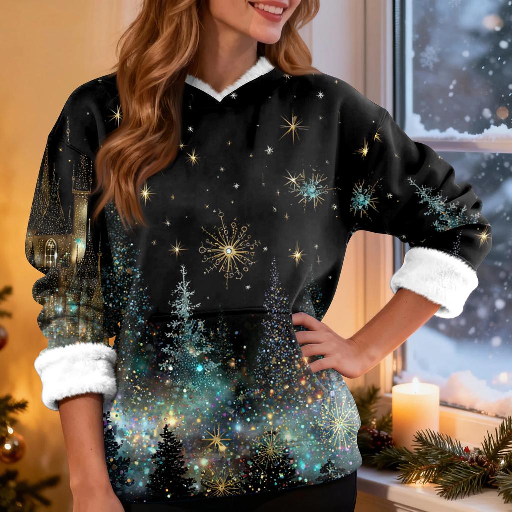 Women's Casual Fashion Plus Velvet Thickened Christmas Print Hooded Sweatshirt