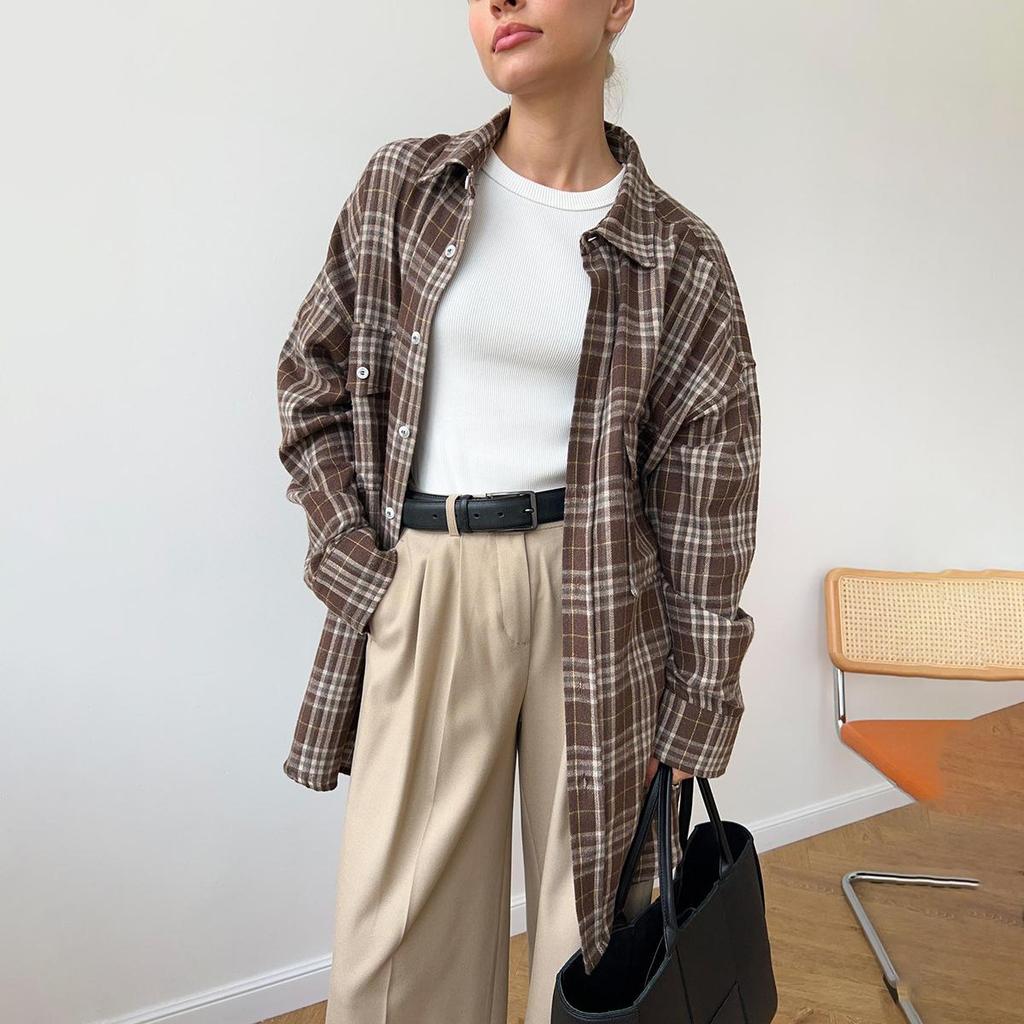 Frauen Frühling Herbst Temperament Plaid Anzug Kragen Langarm Hemd Blusen
