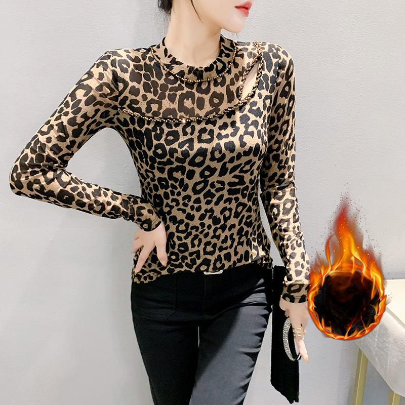 Warm Leopard Print Mesh T-shirt for Women with Slim Base Shirt for Winter New Round Neck Long Sleeve Hollow Top