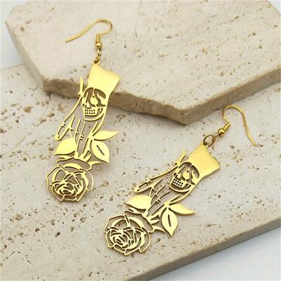 Fashion Trend Titanium Steel Personality Skull Upside Down Rose Eardrop Gothic Stainless Steel Earrings Perfect For Halloween Day