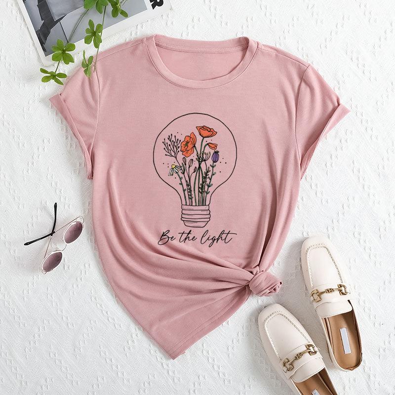 Summer Women's Fashionable Light Bulb Short Sleeved Casual Loose Cotton Round Neck Top
