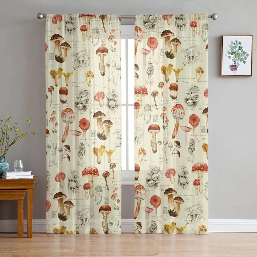 Mushroom Plant Vintage Sheer Drapes for Bedroom Living Room Decoration Window Curtain for Kitchen Curtain Panels