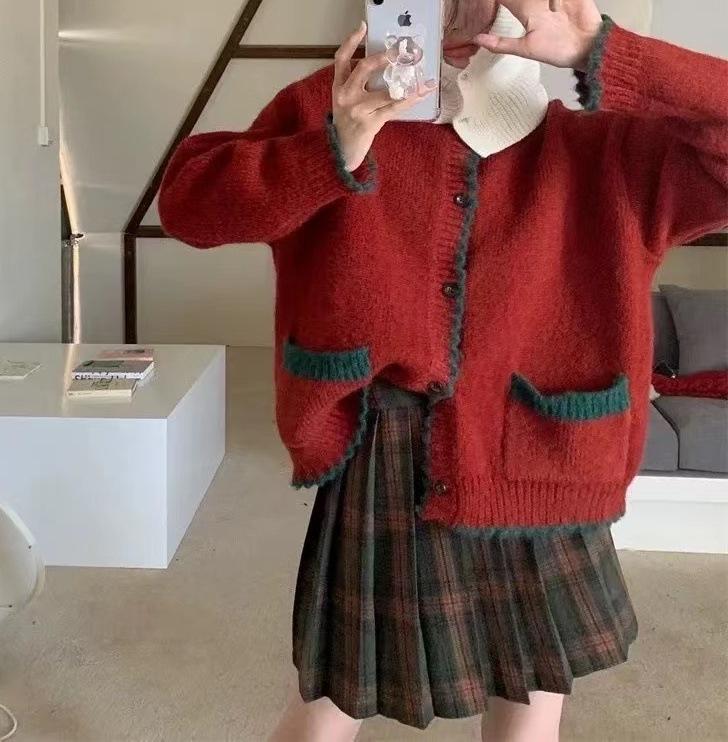 

Красный Женский Вязаный Свитер Рождественский Вязаный Женский Кардиган с Воротником-Стойкой Короткий Стиль Женский Модный Свободный Топ One Size красный