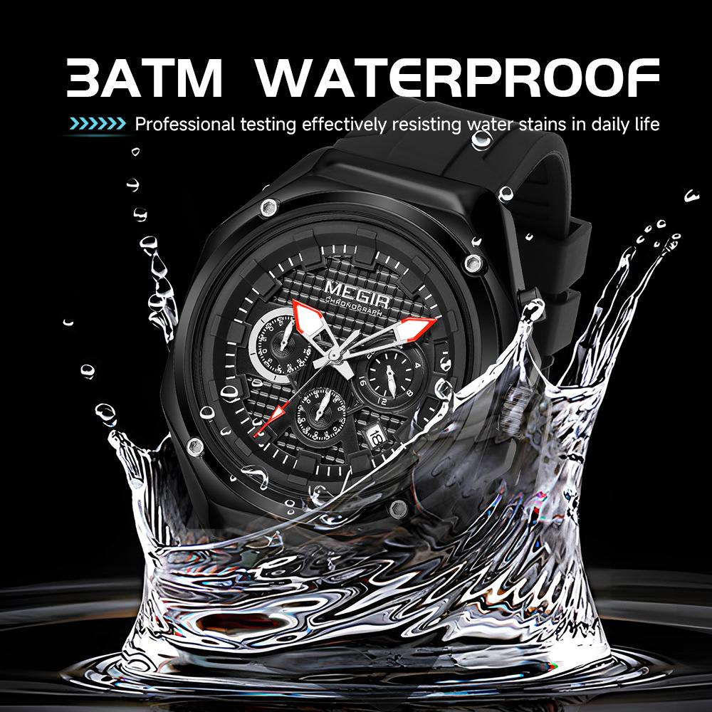 Megir Fashion Sport Watches for Men Silicone Strap Waterproof Military Quartz Chronograph Clock Man Wristwatch with Date 24-hour 8118