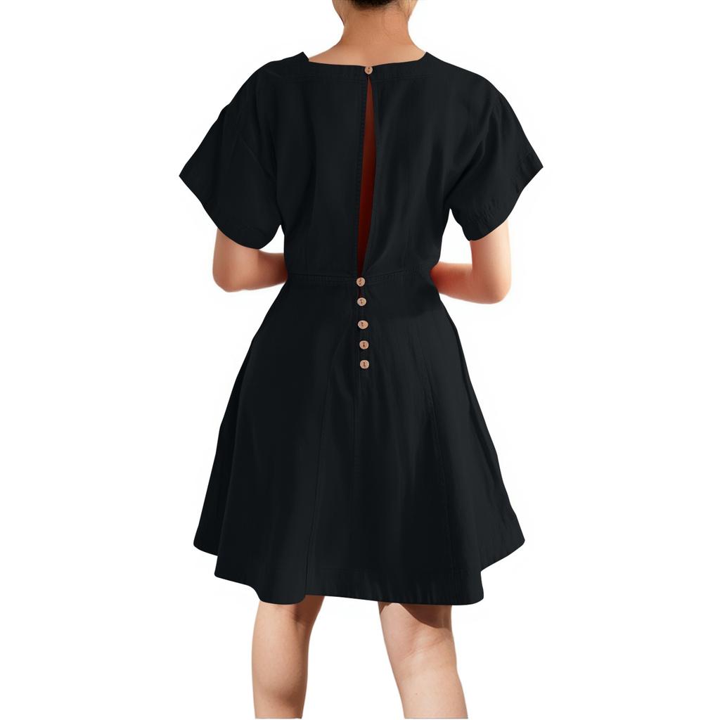 Women's Casual Fashion A-line Skirt Square Tie Button Color Dress